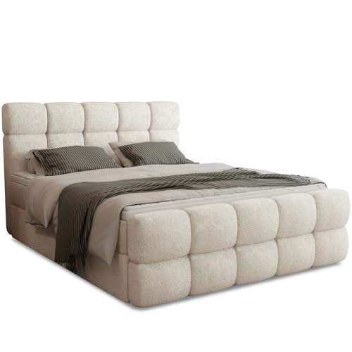 FurniDe24 Boxspringbett mit 2 Bettkästen, Taschenfederkernmatratze und Topper, Gepolstertes Doppelbett mit Kopfteil und Fußteil, Bouclé-Stoff, Polsterbett Leo (Anthology 03, 180 x 200 cm)
