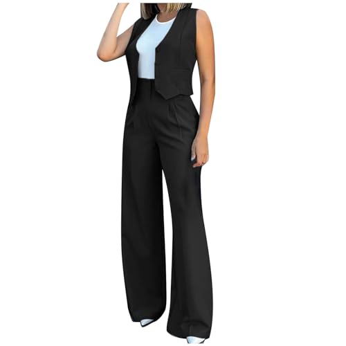 Flodxo Hosenanzüge für Damen, Weste und Hose, 2-teilig, V-Ausschnitt, ärmellos, Knopfweste, weites Bein, Hose, Blazer, Business-Anzug, elegant, Hochzeit, Büro, Arbeit, formelle Outfits, 1 Schwarz, M