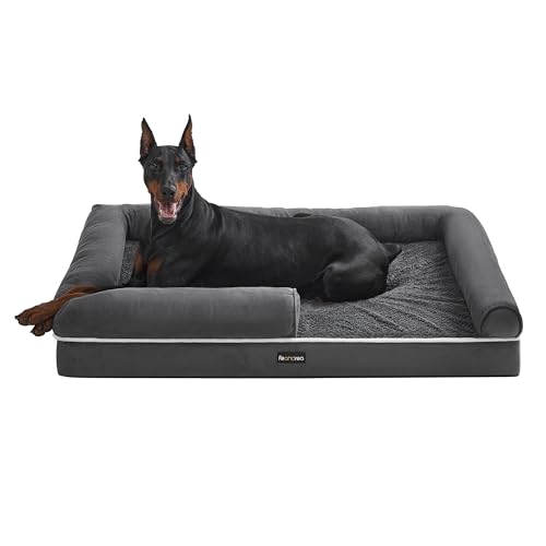 Feandrea Orthopädisches Hundebett, Hundekissen, Hundekorb, weiche Polsterung, Hundesofa, erhöhte Ränder, Bezug abnehmbar und waschbar, 120 x 85 x 18 cm, rutschfeste Unterseite, dunkelgrau PGW078G01V1