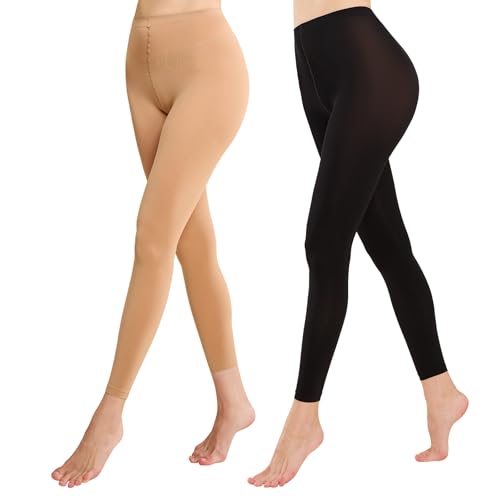 MANZI 2 Paar Strumpfhose Damen Ohne Fuss Blickdichte Leggings 80 Den Microfaser Strumpfhosen für Damen 1 Paar Schwarz 1 Paar Tan S-M
