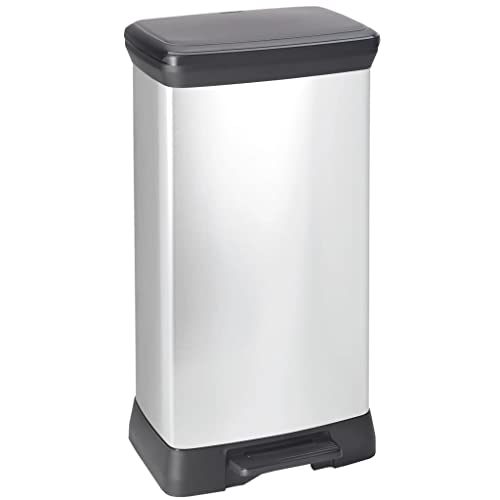 Curver Deco Bin 50L Küchen-Mülleimer mit Fußpedal, Soft-Close-System, geruchsdicht, Anti-Fingerabdruck, Metalloptik, Silber-Schwarz