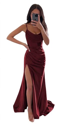 Sincemeet Meerjungfrau Satin Abendkleid mit Schlitz Spaghettiträgern Lange Brautjungfer Satin Wickelkleid Ballkleider