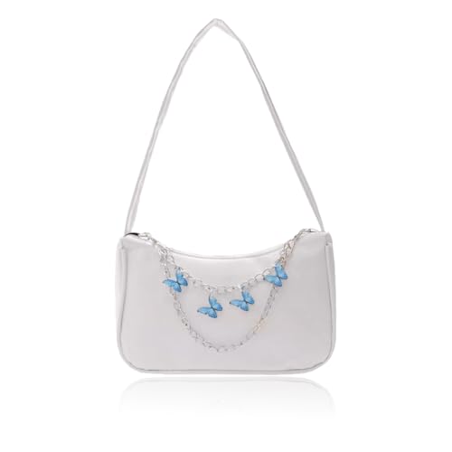 BAUIOREAD 1-teilige Handtasche, kleine Handtasche, kleine Handtasche, Umhängetasche mit Schmetterlingskette, Achseltasche mit Reißverschluss, Geldbörse, einfarbige Damentasche (Weiß)