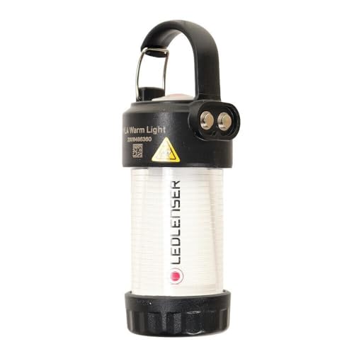Ledlenser ML4 Warm Light LED Laterne, 300 Lumen, bis 40h Laufzeit, aufladbar mit Akku, blendfreies Licht, mit Rotlichtfunktion, 1xAA Batteriebetrieb möglich, Karabiner, Outdoor, Camping, Schwarz