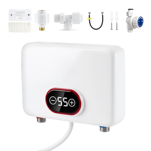 Jellybibo Mini Durchlauferhitzer, Max.55℃, 5500W 220V Elektronischer Warmwasserbereiter mit Steuerventil und LED-Temperaturanzeige, IPX4 Wasserdicht Untertischgerät Elektrischer Durchlauferhitzer für