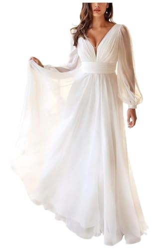 ZOOYYUE Hochzeitskleid Damen,Damen Boho Beach Brautkleider Langarm Spitze Braut Hochzeitskleider Chiffon V-Ausschnitt Standesamt Brautkleid Elfenbein 48