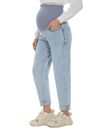 POSHGLAM Damen Umstandsjeans über Bauch Bequeme Stretch Boyfriend Jeans Denim Schwangerschaftshose S-XXL, Hell, blau, S