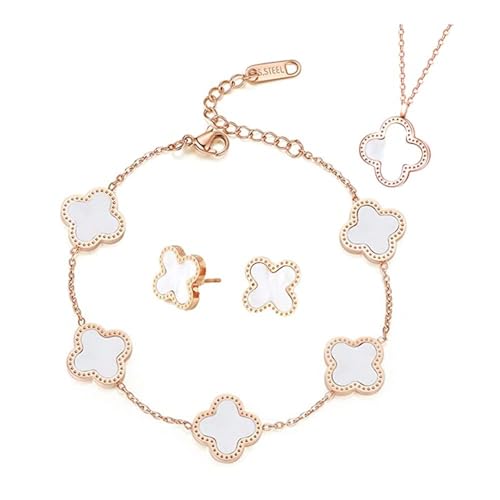 TOFBS Vierblättriges Kleeblatt Schmuckset für Damen und Mädchen 18K Roségold Plattiert Edelstahl Zweiseitig Weiß Schwarz Anhänger Halskette Ohrstecker Armband Emaille Schmuck Set (Weiß)