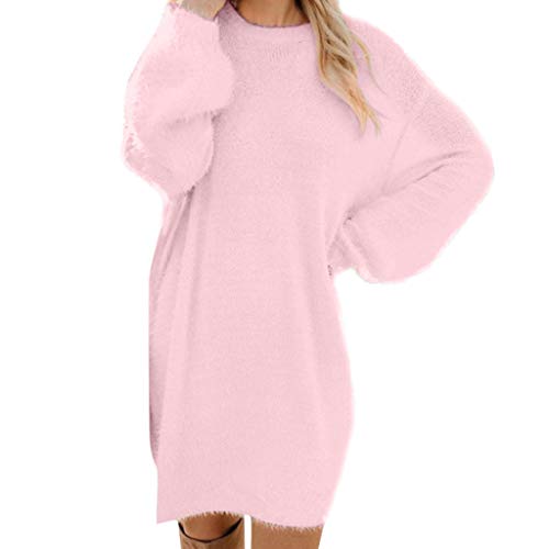 Strickkleid Damen Winterkleider Sweatkleid,Damen Pullover Kleid Strickkleid Freizeitkleider Rundhalsausschnitt Leicht Herbstkleid Langarm Tunikakleid Kleider für Winter Pulloverkleid Rosa L