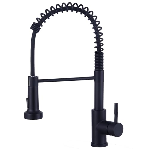 Wasserhahn Küche Schwarz, Hochdruck Küchenarmatur mit Brause Ausziehbar, Hoher Bogen Mischbatterie Küche 360°Drehbar 2 Sprühfunktionen, Spiralfeder Spültischarmatur Edelstahl, Mattschwarz
