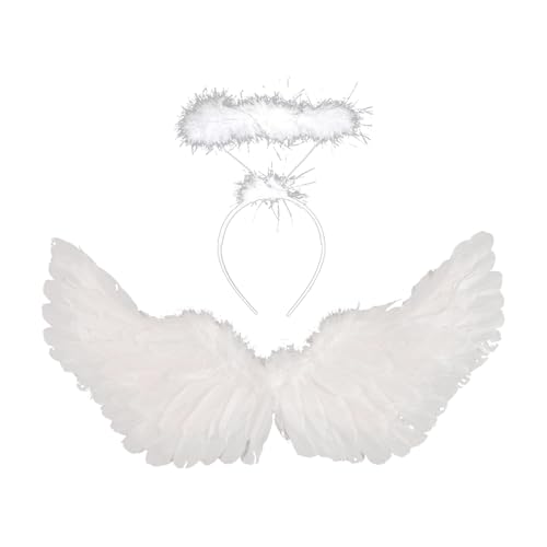 AWAVM 2Stück 60CM Engelsflügel Weiß mit Heiligenschein,Engel Kostümzubehör Set Weiße Engelsflügel Deko Federflügel Engel Feder-Engelsflügel Weiße Engel Kostüm Damen für Damen und Mädchen Party