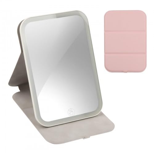 Litinliv Tragbarer LED Make-up Spiegel, Wiederaufladbar Ultraschlank Tischspiegel, Standspiegel Klappspiegel, Rosa PU-Leder Hülle Reisespiegel mit 3 Lichtfarben Zuhause und Reisenutzung