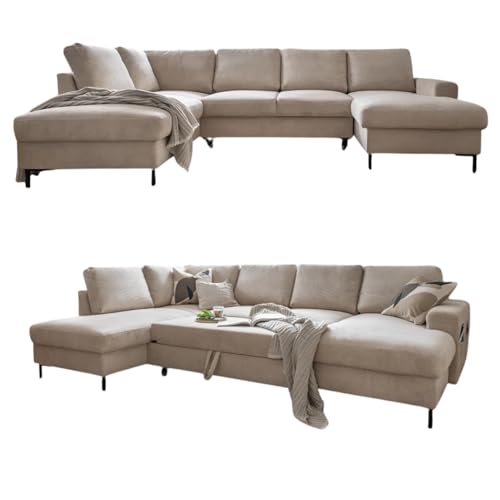 MIUFORM Lofty Lilly mit Bettkasten | 8 Sitzer Ecksofa | U-form links | 303 x 197 x 84cm | Klappsofa mit Schlaffunktion | Schlafsofa klappbar | Wohnlandschaft (Beige)