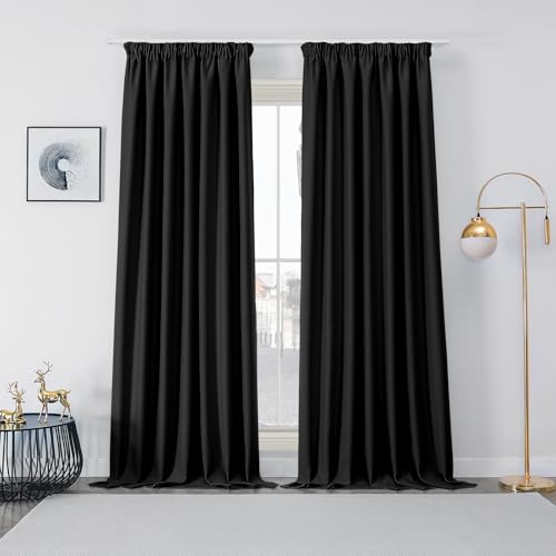 Joydeco Gardinen mit Kräuselband Vorhänge Blickdicht 2 Stück H 245 x B 132 cm Schienensystem Schwarz Verdunkelungsvorhang Thermovorhang Kälteschutz Schlafzimmer Blackout Curtains