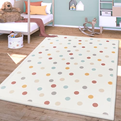 TT Home Waschbarer Teppich Krabbelmatte Babyzimmer Kinder rutschfest Flauschig Punkte, Farbe:Blau Gelb Creme, Größe:80x150 cm