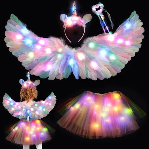 Rppiup Leuchtendes Feen Kostüm Kinder, Leuchtendes Einhorn Kostüm Kinder mit Federflügeln, LED Tutu Rock, Zauberstab, Einhorn Stirnband, Kinderkostüm für Halloween, Weihnachten, Karnevalsparty