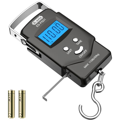 Dr.meter Kofferwaage digital mit Haken (PS01), 110 lb/50 kg Fischwaage, Kofferwaage mit LCD-Display, Maßband, tragbare Gepäckwaage, 2 AAA-Batterien, Angeln Geschenke für Männer