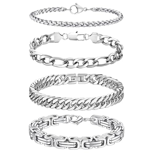 LOCCY Armband Herren, 4 Stück Silber Edelstahl Herrenarmbänder Panzerkette Armband Königskette Armbänder Figaro Armbänder Glieder Link Armkette für Männer Jungs (4 Stück-Silber-4/6mm, Zentimeter, 23)
