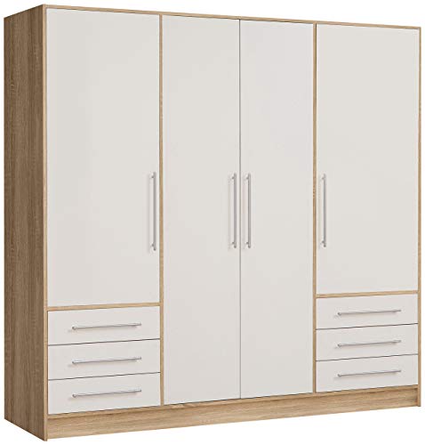 FORTE Jupiter Schrank 200 210, Kleiderschrank, Drehtürenschrank, 4-türig, mit 6 Schubladen und Einlegeböden, Weiß mit Holz Dekor: Sonoma Eiche, 206.5 cm breit x 60 cm tief x 200 cm hoch