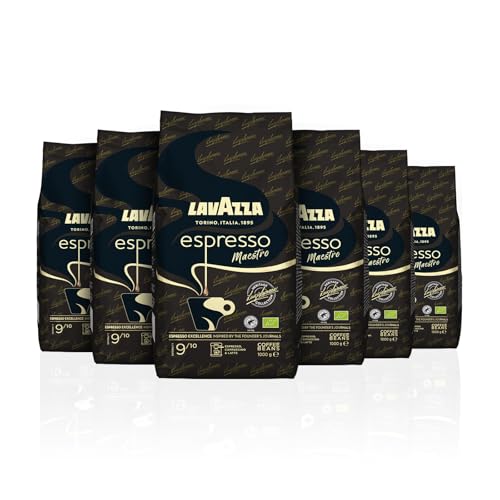 Lavazza, Espresso Maestro, Kaffeebohnen für Espressomaschinen, Ausgewogener & Aromatischer Frucht- und Blumengeschmack, Intensität 9/10, 100 % Bio Arabica & Robusta, Langsame & Sanfte Röstung, 1 Kg