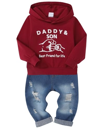 SOLOYEE Baby Boys Outfits Kleidung Sets Säugling Mode Brief Muster lange Ärmel mit Kapuze Sweatshirt und Jeans Hosen 2 tlg, 2-3 Jahre, Rot