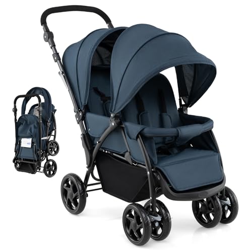 LIFEZEAL Faltbarer Doppelkinderwagen für Zwillinge, Kinderwagen 2-Sitzer mit verstellbarer Rückenlehne, Mobiler Geschwisterwagen mit Bremsen, Belastung 15 + 15 kg (Blau)