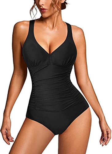 KUMAYES Damen Badeanzug Monokini Bauchweg Schlankheits Badeanzug V Ausschnitt Badebekleidung Bauchweg Bademode Swimsuit (S, Schwarz)