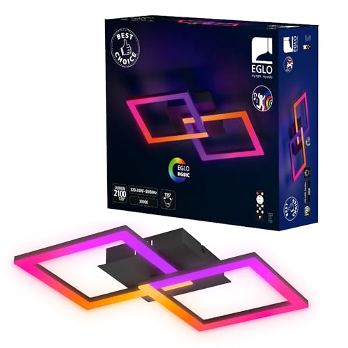 EGLO LED Deckenleuchte RGBIC, geometrische Deckenlampe mit Lichteffekten, Gaming Zimmer und Party Deko, Deckenbeleuchtung mit Fernbedienung, warmweiß und RGB, Metall in Schwarz
