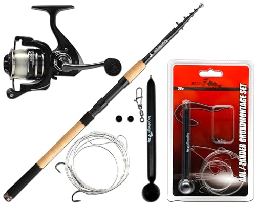Angel Berger Tele Angelset Grundmontage Rute Rolle Angelzubehör Köderfischmontage Ready2Fish Fishing Set Dead Bait Grundangel Angelset Köderfischangeln (Aal/Zander)