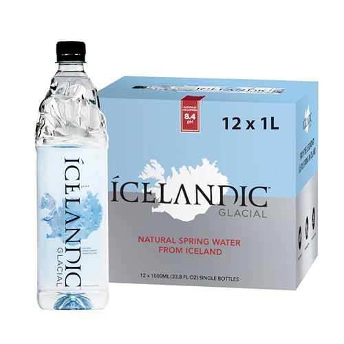 Icelandic Glacial Premium Natürliches Wasser 1 Liter Flaschen aus recyceltem PET x 12 pro Pack – Alkalisch/Niedriger pH-Wert, BPA-frei, Klimaneutral aus der isländischen Quelle. Geringer TDS-Gehalt.