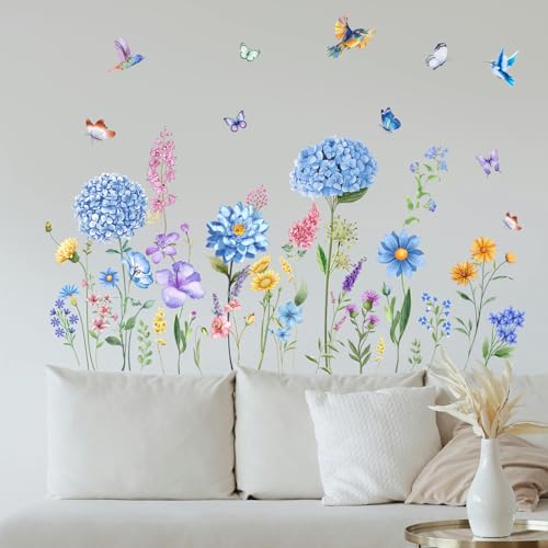 Wandtattoo Blumen Abziehbare Peel And Sticks, Blaue Blume und Vogel Schmetterling Wandsticker, für Schlafzimmer Kinderzimmer Wohnzimmer Sofa Hintergrund Büros Home Dekoration Geschenk