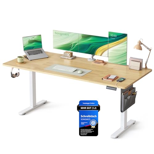SONGMICS Höhenverstellbarer Schreibtisch elektrisch, 180 x 80 cm, Memory-Funktion mit 4 Höhen, USB-C-Anschluss, goldeichenfarben LSD138YA01