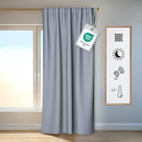 Homing Vorhang Kim grau | Verdunkelungsvorhang inkl. Multifunktionsband | Thermovorhang Hitzeschutz | Akustikvorhang Schalldämmung | Vorhang Blickdicht | | 140x245 cm | 1 STK. | Vorhänge grau