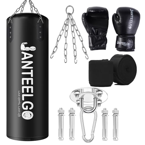 Boxsack Hängender Typ und Ungefüllter Boxsack Erwachsene JanTeelGO 100cm Langlebig PU-Leder mit Montagekette und Deckenhaken für MännerDamen Jugendliche,MMA Kickboxing Muay Thai Karate Schwarz