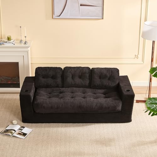 Litbird 3-Sitzer Sofa 190 cm für Wohnzimmer, Boneless Cord-Bodensofa mit Kissen, Armlehnen & Doppel-Getränkehaltern, mit Rückenlehne, kein Aufbau nötig, kleines Mini Sofa, Schwarz