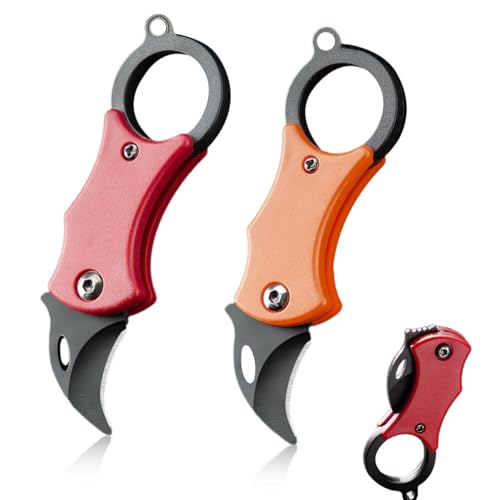 ZYETGH 2 Stück Mini Taschenmesser, Klappmesser Klein Faltbar EDC Messer Schlüsselanhänger Messer mit Kette für Outdoor Survival Camping und Jagd (Orange+Rot)