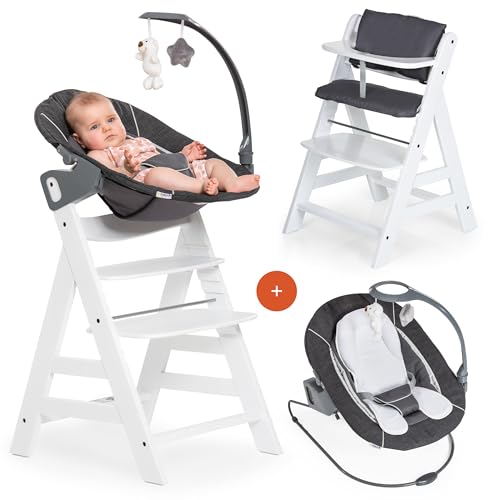 hauck Alpha+ Newborn Set Deluxe - Baby Holz Hochstuhl ab Geburt mit Liegefunktion - inkl. Aufsatz für Neugeborene & Sitzpolster - mitwachsend, verstellbar - Weiß