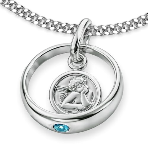 CLEVER SCHMUCK Schutzengel Taufring Silber Engel rund Zirkonia hellblau + Panzerkette 34 cm Sterling Silber 925 Taufgeschenk für Junge im Etui hellblau