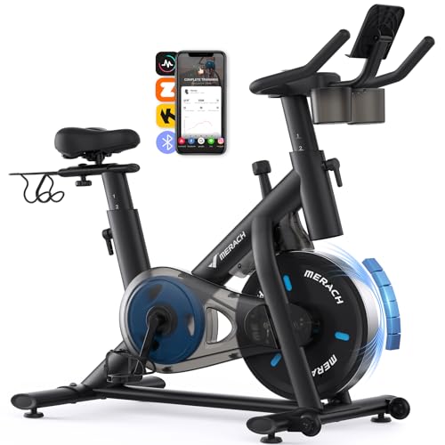 MERACH Heimtrainer Fahrrad mit Magnetischem Widerstand, Leises Bremsbelag/Hometrainer Fahrrad mit Verbessertem LCD-Monitor, Indoor Cycling Bike mit Hantelrack, Tablet-Halter, Eigener App, Bis 136KG