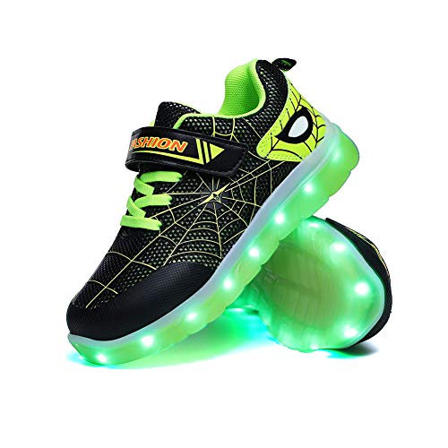 YUNICUS Kinder Mädchen LED Schuhe Kinder Jungen USB Aufladen Blinkend Trainer Turnschuhe Schuhe Low Top Schuhe (Schwarz Grün 26 EU)