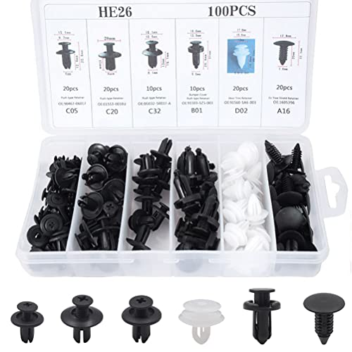 100 Stück Auto Befestigung Clips, 6 Arten Türverkleidung Klammern, Universal Stoßstangen Zierleisten Plastikklips Set, Spreiznieten Karosserie Befestigungssatz