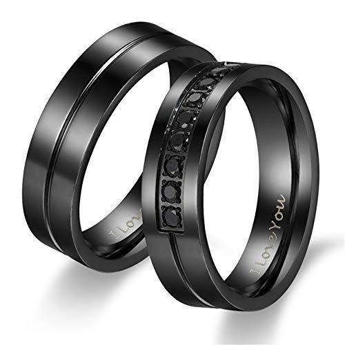 Flongo 2 Stück Ehering Band Ring Partnerring mit I Love You Gravur Zirkonia Schwarz Valentine Valentinstag Lieben Paar Hochzeit Engagement Verlobungsringe Herren, Damen