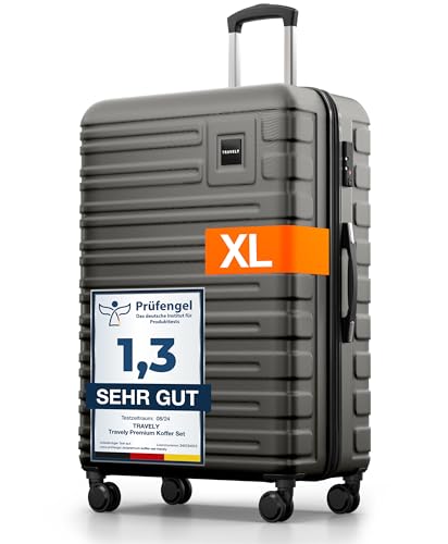 Travely Polycarbonat Koffer Groß 77cm XL - 100L Innenvolumen - 158cm Gurtmaß, sehr robuster Hartschalenkoffer mit sanften Rollen & TSA Schloss, Reisekoffer, Handgepäck Koffer, Reisekoffer mit Rollen