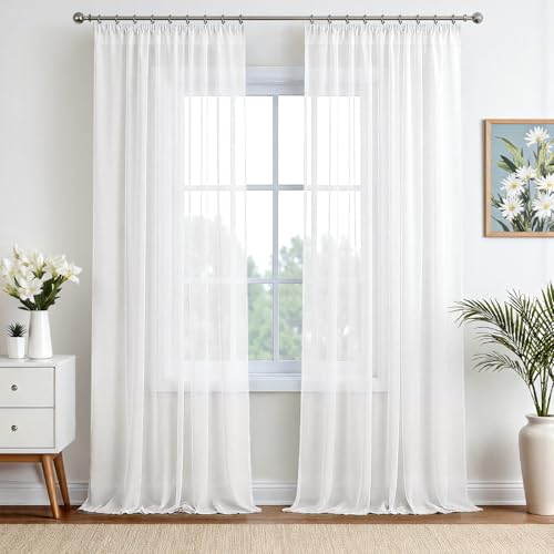EMEMA Gardinen Vorhänge mit Kräuselband Vorhang Transparente Gardine aus Einfarbig Transparent Sheer Voile Wohnzimmer Luftig Dekoschal für Schlafzimmer 2er Set 245 x 140cm (H x B) Weiß