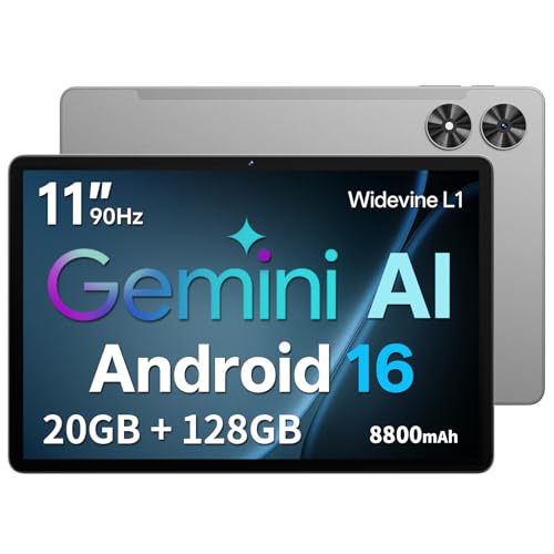 Tablet 11 Zoll mit Hülle, Android 16 System mit Gemini AI, 20GB RAM + 128GB ROM (erweiterbar auf 1TB), 90Hz Display, Unisoc T7250 Octa Core, 13MP + 8MP Kamera, Face ID, Widevine L1, 8800mAh, GPS