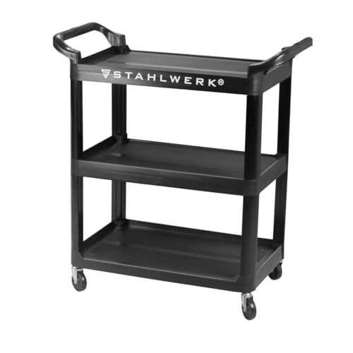 STAHLWERK Werkzeugwagen mit Rollen und 100 kg Tragkraft (TC-92 ST) – robuster Werkstattwagen, Montagewagen, Transportwagen, Etagenwagen aus Aluminium mit 3 Ladeflächen und 2 ergonomischen Griffleisten