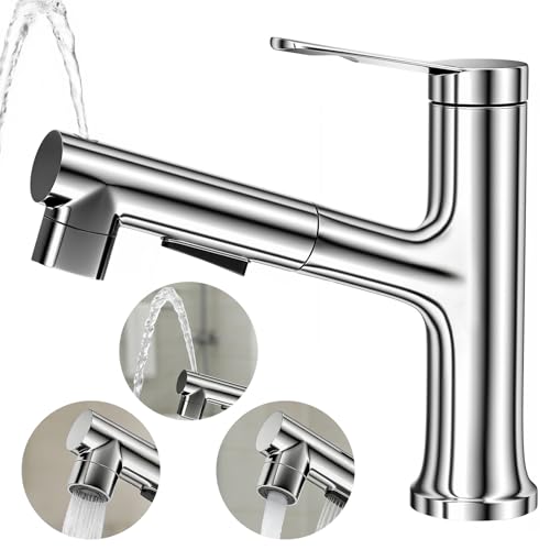 Hahorpa Wasserhahn Bad, Waschtischarmatur Mit Herausziehbarer Brause 3 Strahlarten, Hochwertige Kupferlegierungen Armatur Badezimmer, Hoch Waschbeckenarmatur, Rostfreie Mischbatterie Waschbecken Chrom