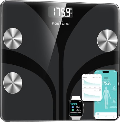 Posture Personenwaage Körperfettwaage Digital mit 13 Messwerten, Gewichtsskala mit BMI-Gesundheitsmonitor, Synchronisierung mit Apps, bis 180 kg