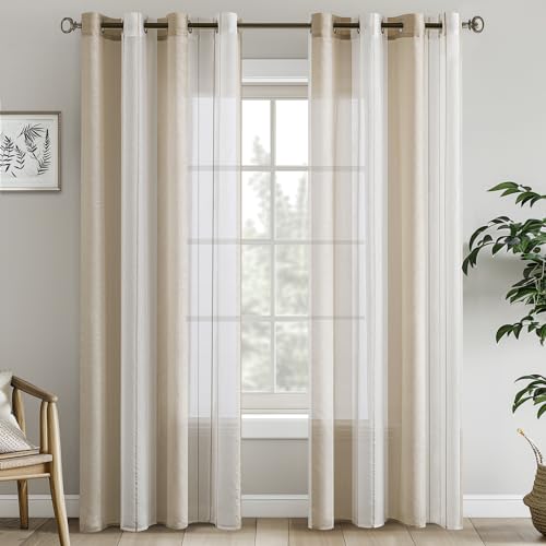 EMEMA Vorhänge mit Ösen Beige-Weiss Streifen Voile Gardinen Halbtransparent Wohnzimmer 140x225cm Dekorieren 2er Set Stores Schals mit Ösenschal Vorhang Moderner Schlafzimmer