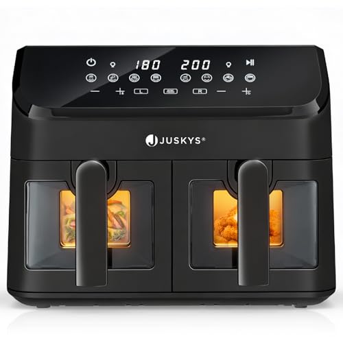 Juskys® Airfryer 9 L Doppelkammer - Heißluftfritteuse 2 Kammern, 9 Programme, beschichtet, XXL Fritteuse